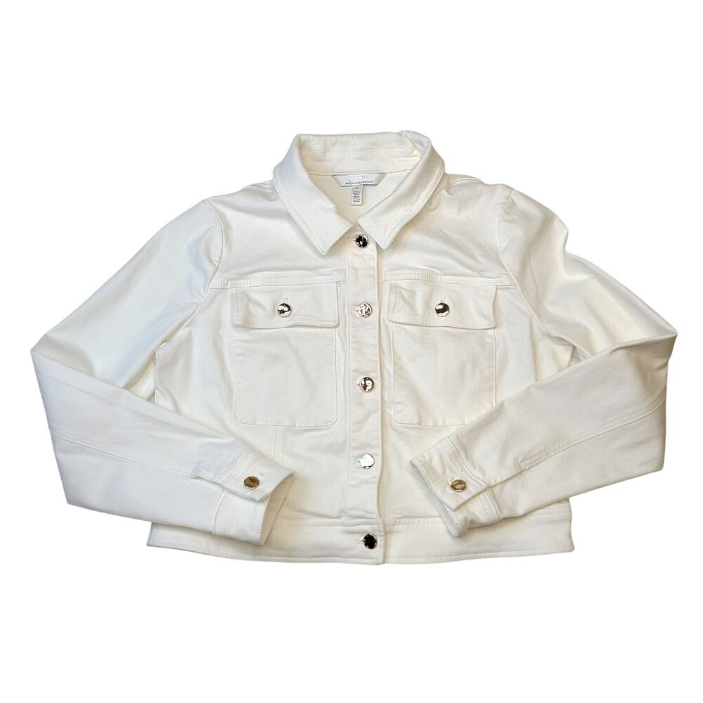 White House Black Market Women's White Cropped Denim Jacket Size Large